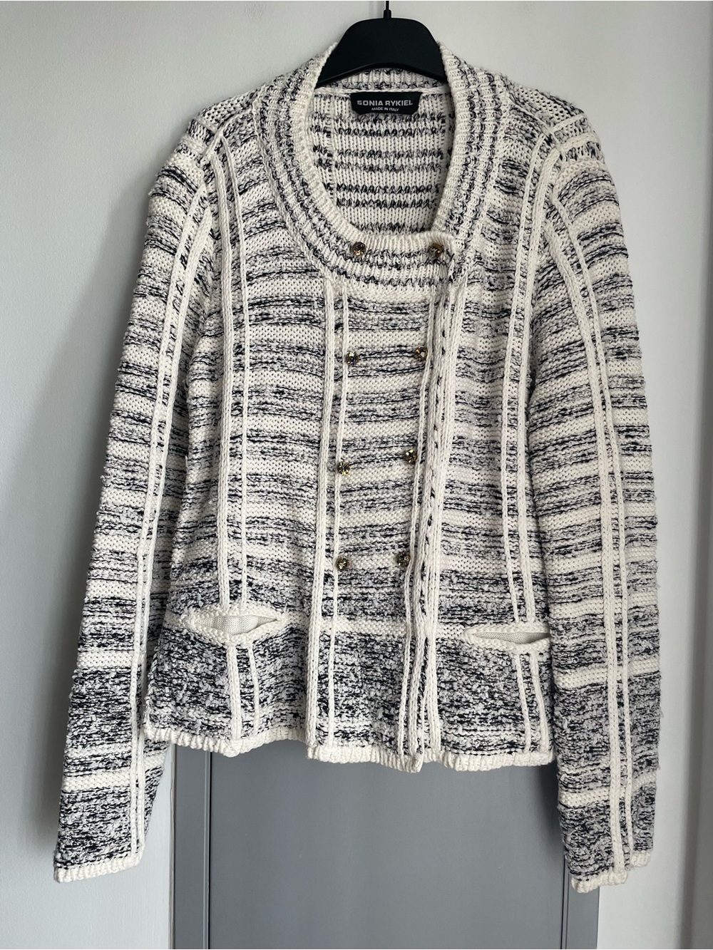 SONIA RYKIEL Black and Off-White Marled Knit Cardigan